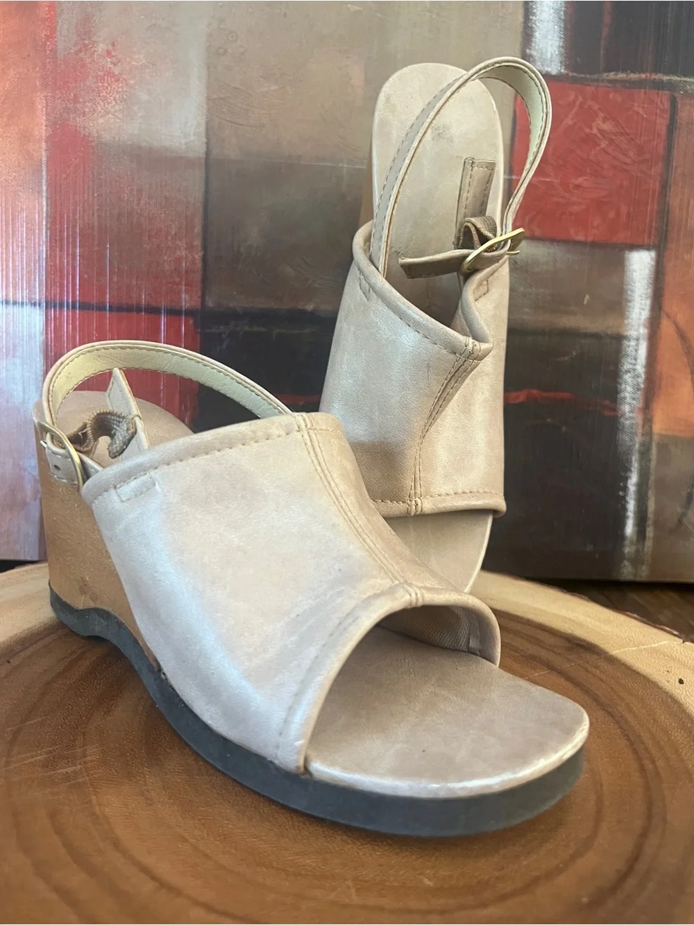 Women’s Beige Wedge Sandals - Open Toe Slingback